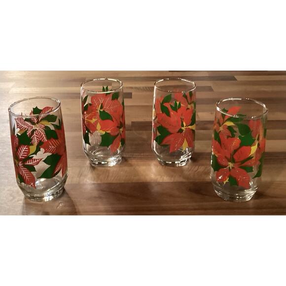 Set 4 Vintage Anchor Hocking Christmas Poinsettia 12 Oz Tumbler Drinking Glasses - Picture 6 of 9